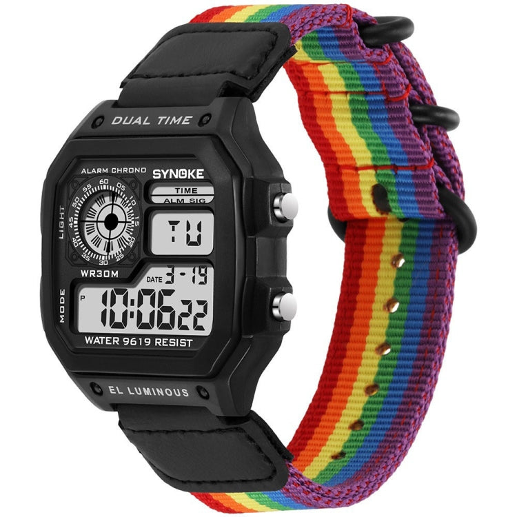 Digital sports watch with black face and rainbow striped nylon strap with triple-ring buckle
