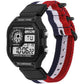 Digital sports watch with black face and red white blue striped nylon strap with triple-ring buckle