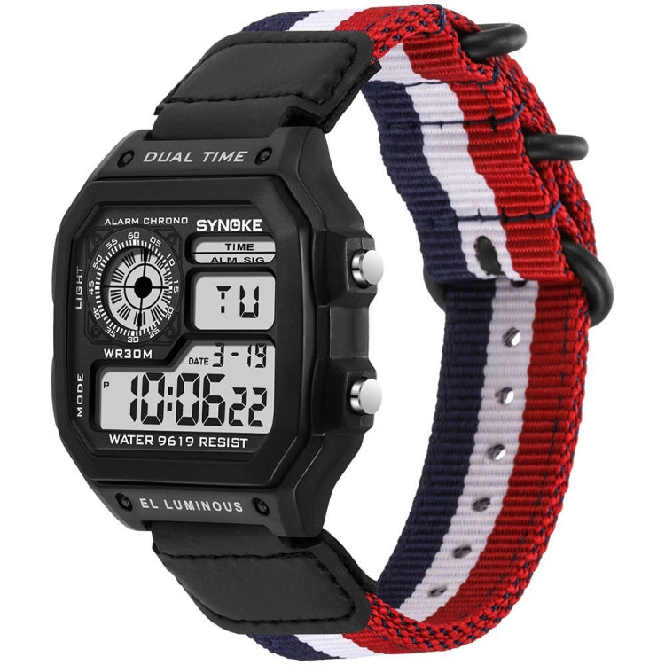 Digital sports watch with black face and red white blue striped nylon strap with triple-ring buckle