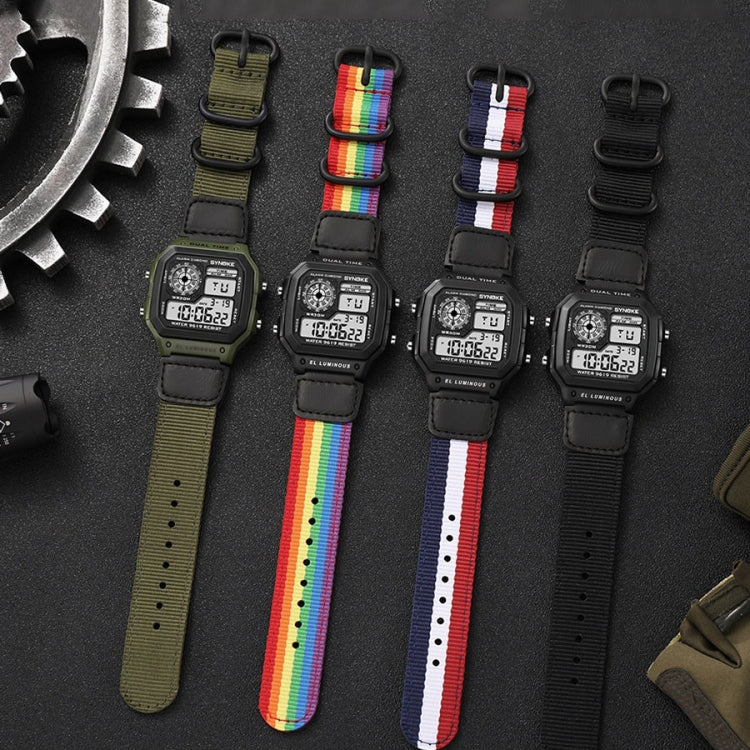 Assorted digital watches with nylon straps, black cases with colorful strap bands