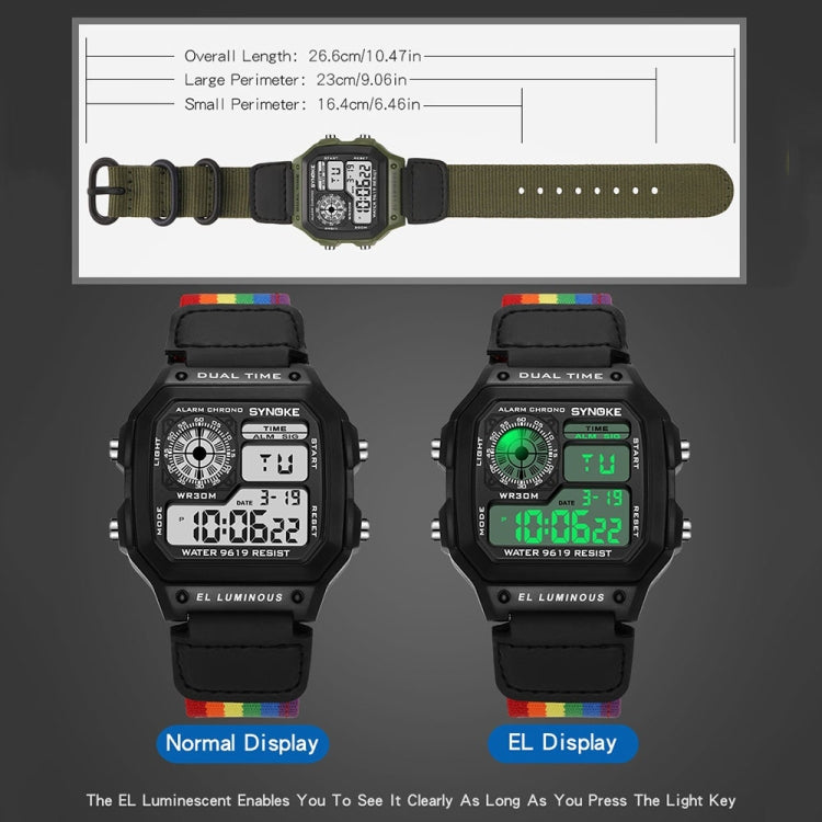 Digital sports watch pair on straps, one with green face glow and one with black face