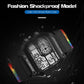 Angled digital sports watch with black case, multicolor strap, and dual time display