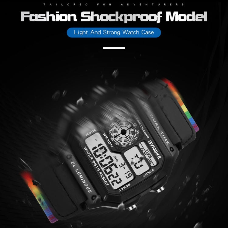 Angled digital sports watch with black case, multicolor strap, and dual time display