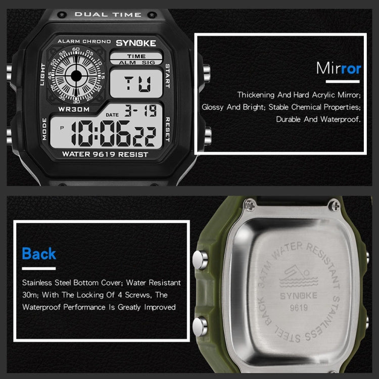 Digital sports watch front and back views with black face and green strap