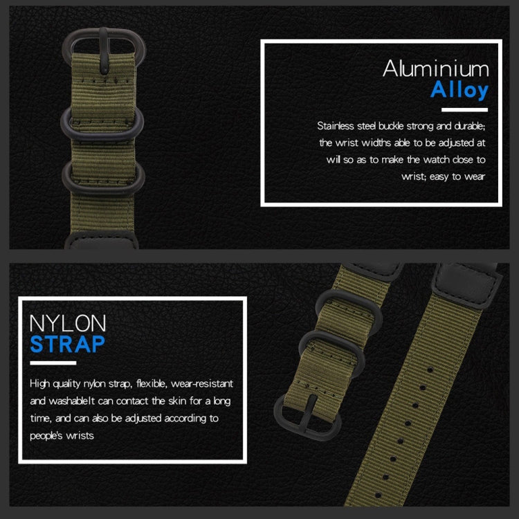 Adjustable green nylon watch strap with durable triple-ring buckle