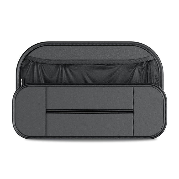 Black car seat rear storage bag with two front compartments and top open pocket