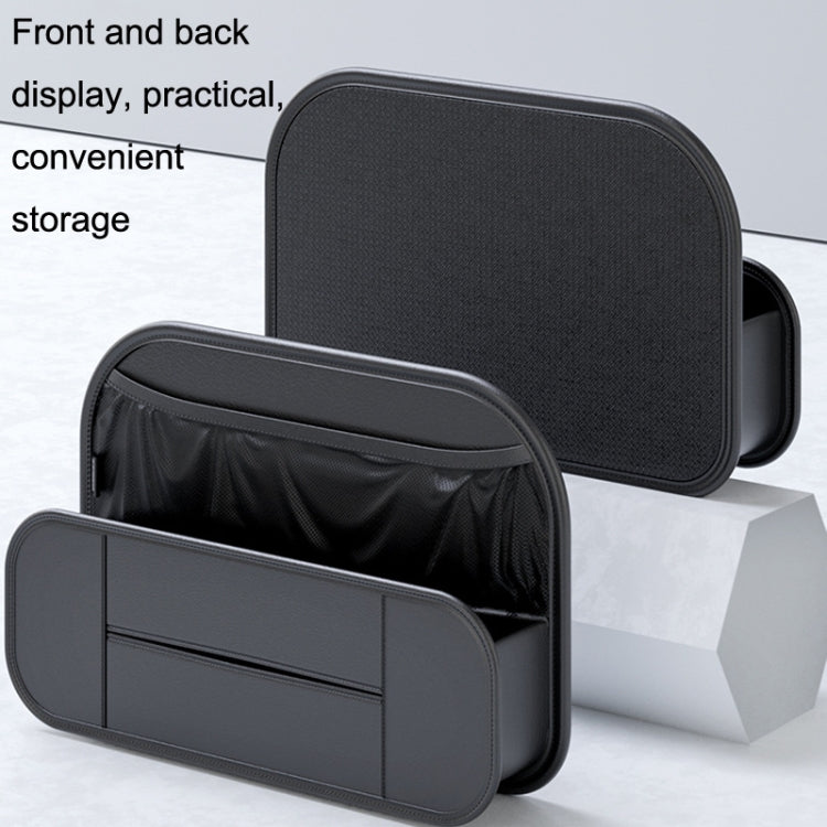 Black car seat rear storage bag showing front and back panel with rounded edges