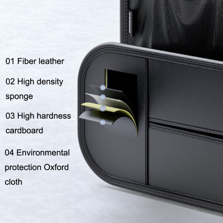 Black car seat rear storage bag side view with stitching and layered interior panels