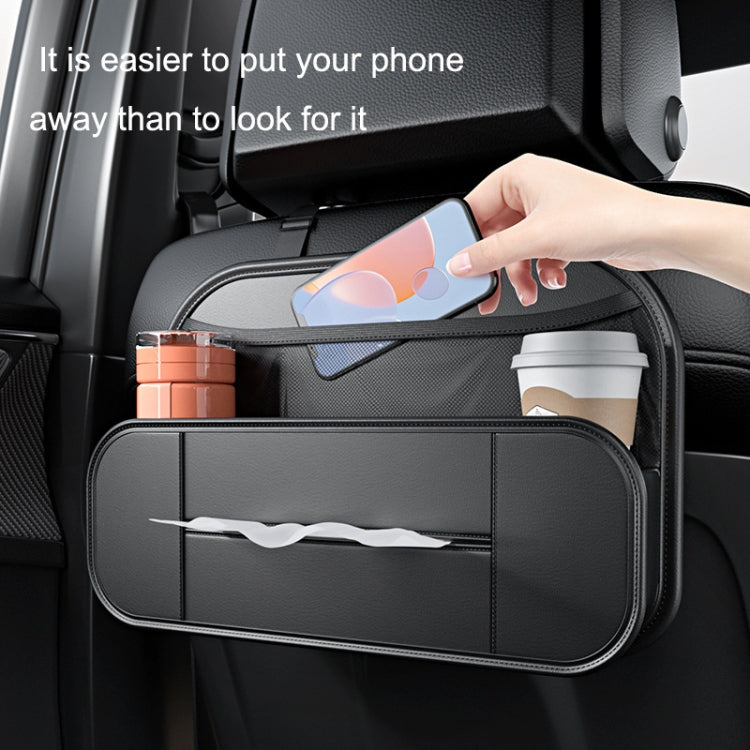 Black car seat rear storage bag with organizer slots and cup holder on the seat