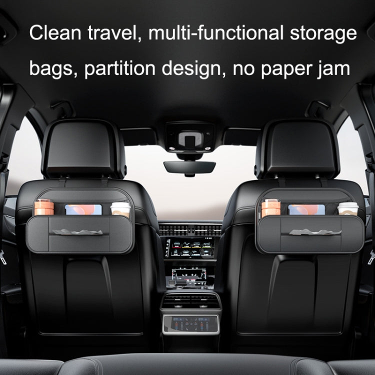 Set of two black car seat rear storage bags installed on front seats