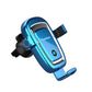 Blue gravity car phone wireless charging stand, front view with cradle and side clips