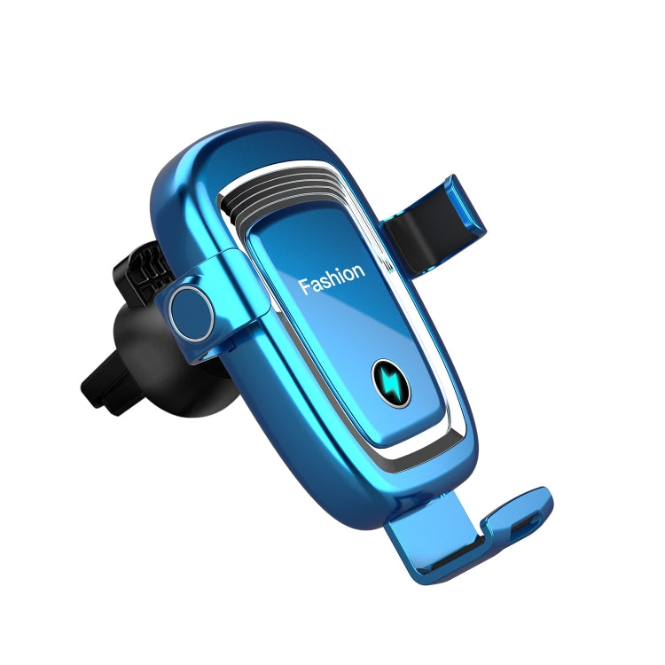 Blue gravity car phone wireless charging stand, front view with cradle and side clips