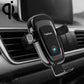 Black gravity car phone wireless charging stand with cradle, vent clips, and glowing LED