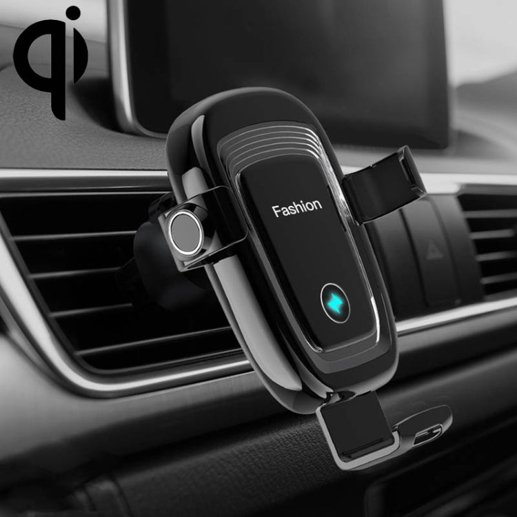 Black gravity car phone wireless charging stand with cradle, vent clips, and glowing LED