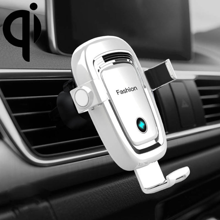 White gravity car phone wireless charging stand with cradle and glowing LED