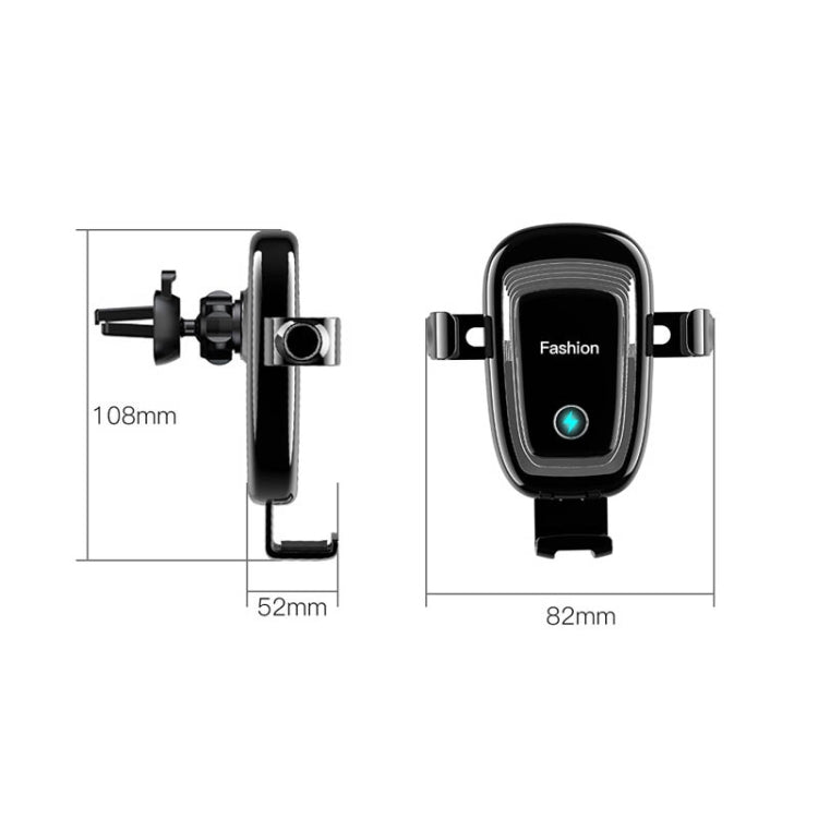 Black car wireless charging phone holder size diagram with cradle and side mount
