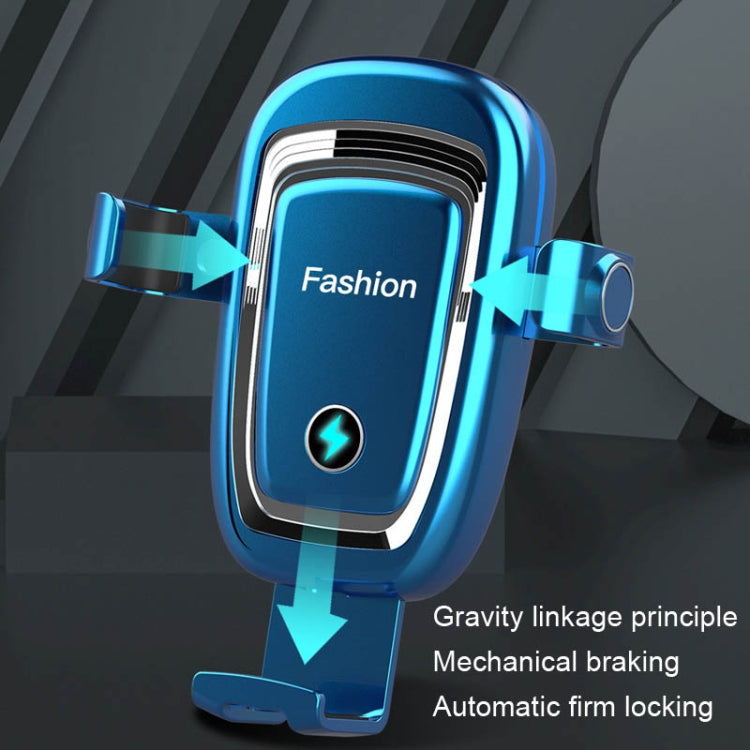 Blue gravity car phone wireless charging stand with side locking arms and cradle