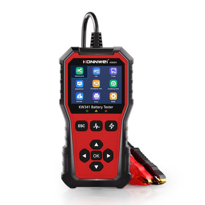 KONNWEI KW341 battery tester with red screen, black buttons, and test leads