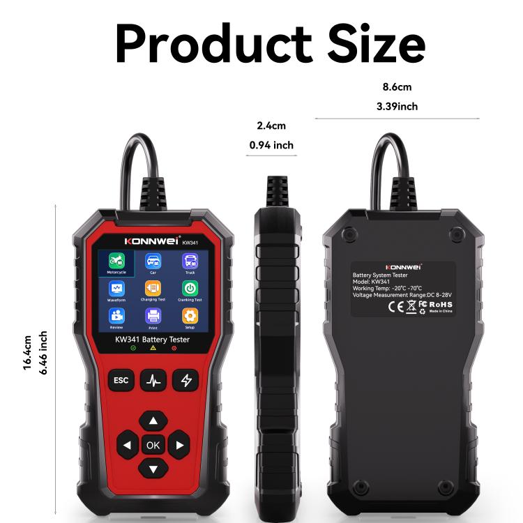 KONNWEI KW341 battery tester, front and side views with rear label and ports