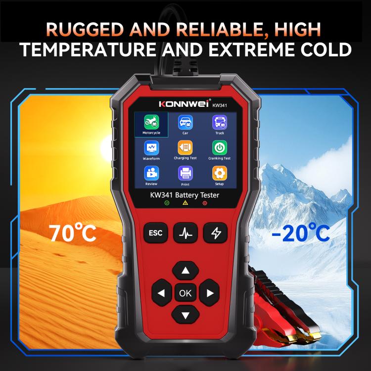 KW341 handheld car battery tester with red display and battery clamp leads