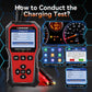 KONNWEI KW341 battery tester showing charging test UI and connection clips