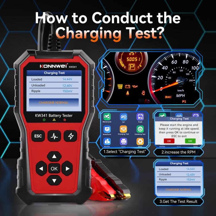 KONNWEI KW341 battery tester showing charging test UI and connection clips
