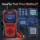 KONNWEI KW341 battery tester with battery test screen, buttons, and red clamps