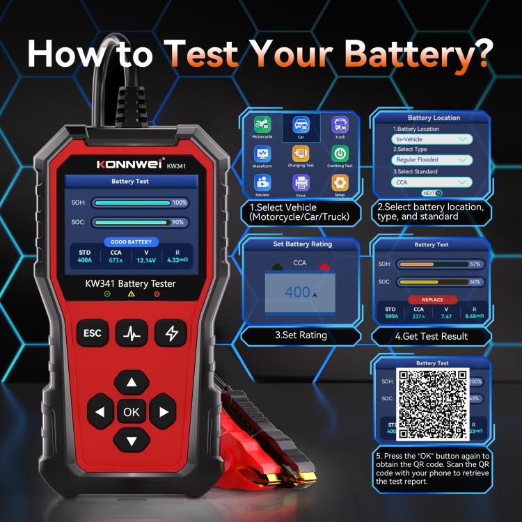 KONNWEI KW341 battery tester with battery test screen, buttons, and red clamps