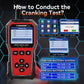 KONNWEI KW341 battery tester showing cranking test screen and lead connection