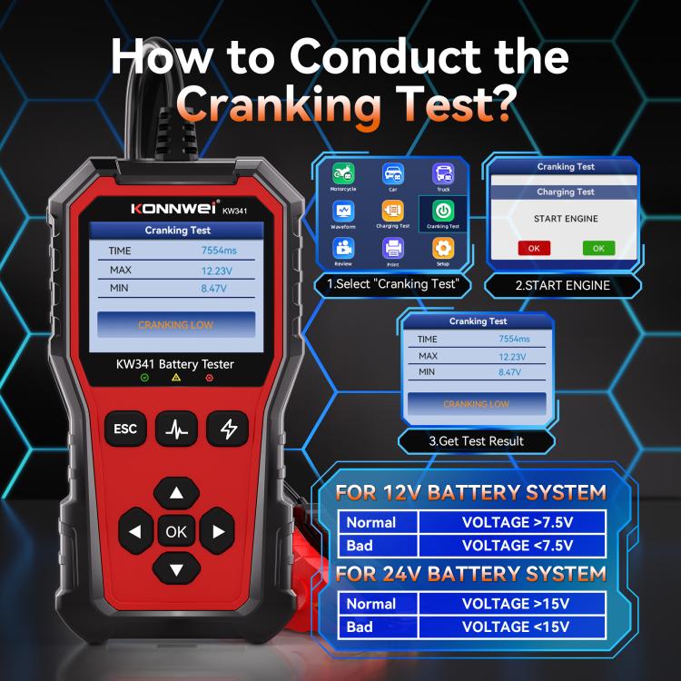 KONNWEI KW341 battery tester showing cranking test screen and lead connection