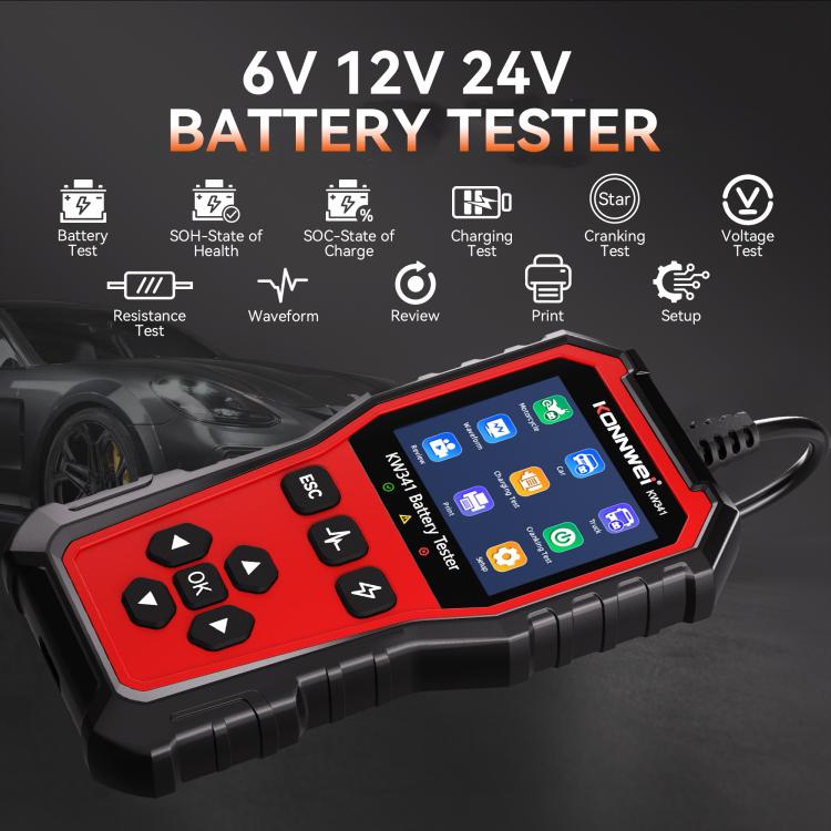 KONNWEI KW341 6V/12V/24V battery tester with colorful screen and cable leads