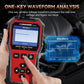 KONNWEI KW341 battery tester with waveform screen and hand pressing buttons