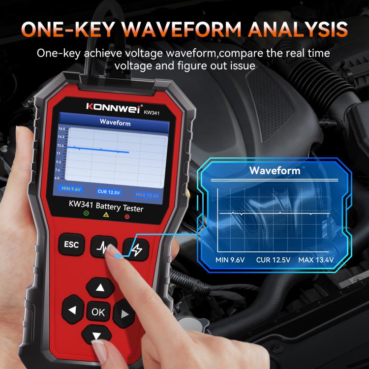 KONNWEI KW341 battery tester with waveform screen and hand pressing buttons