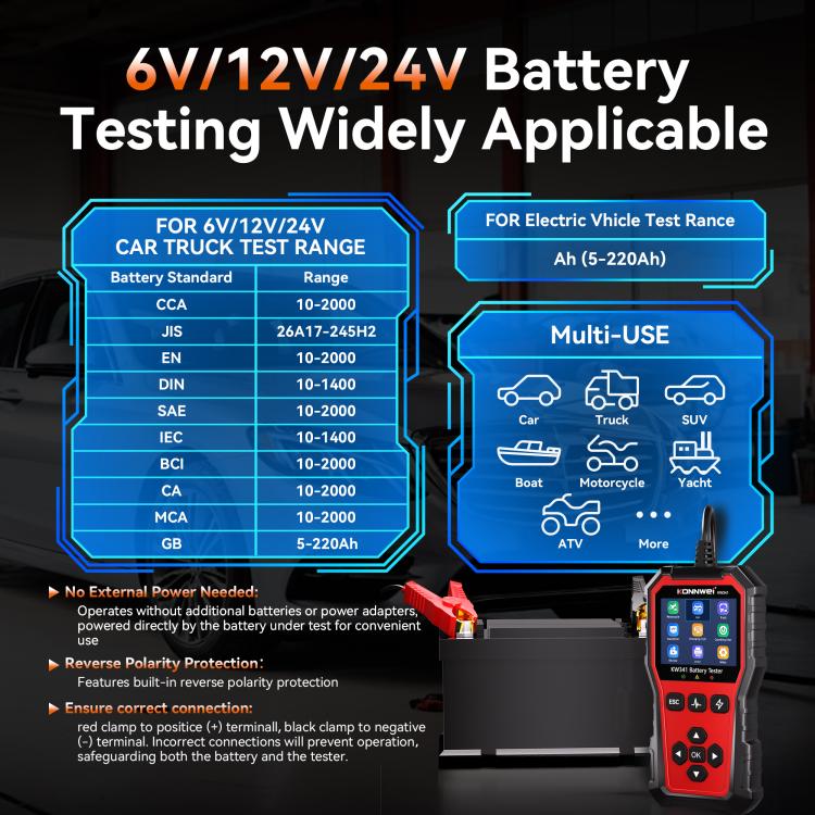 KONNWEI KW341 battery tester with 6V/12V/24V testing overview and leads