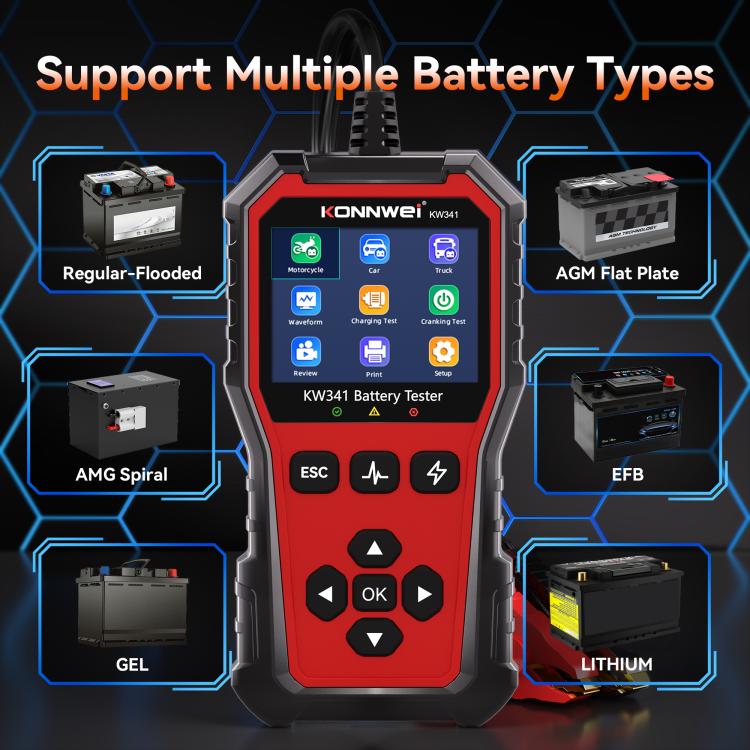 KONNWEI KW341 battery tester supporting multiple battery types