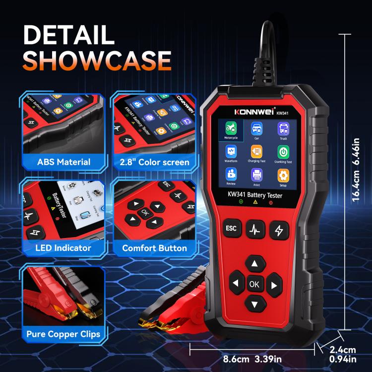KONNWEI KW341 battery tester detail view with ABS body, clips, and 2.8-inch screen