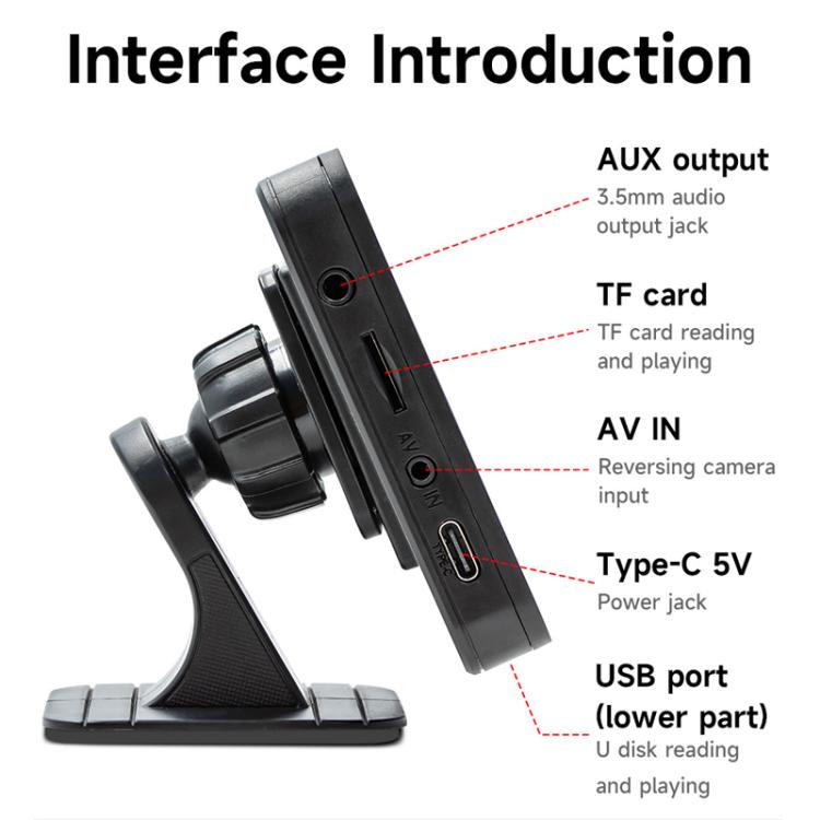 Portable MP5 projection screen receiver with side ports: AUX, TF card, AV input, USB, Type-C