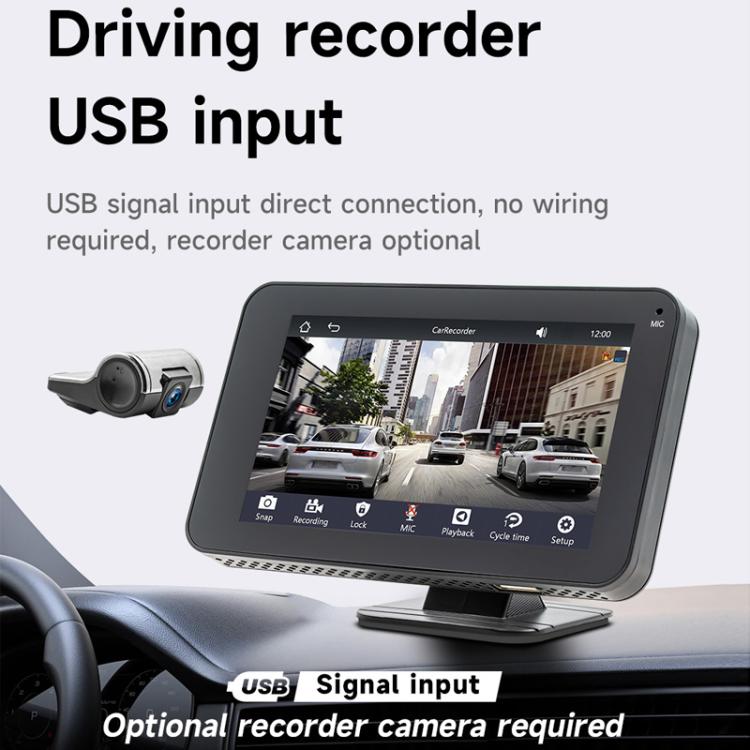 Car dashboard MP5 screen receiver with recorder camera view and USB input icon