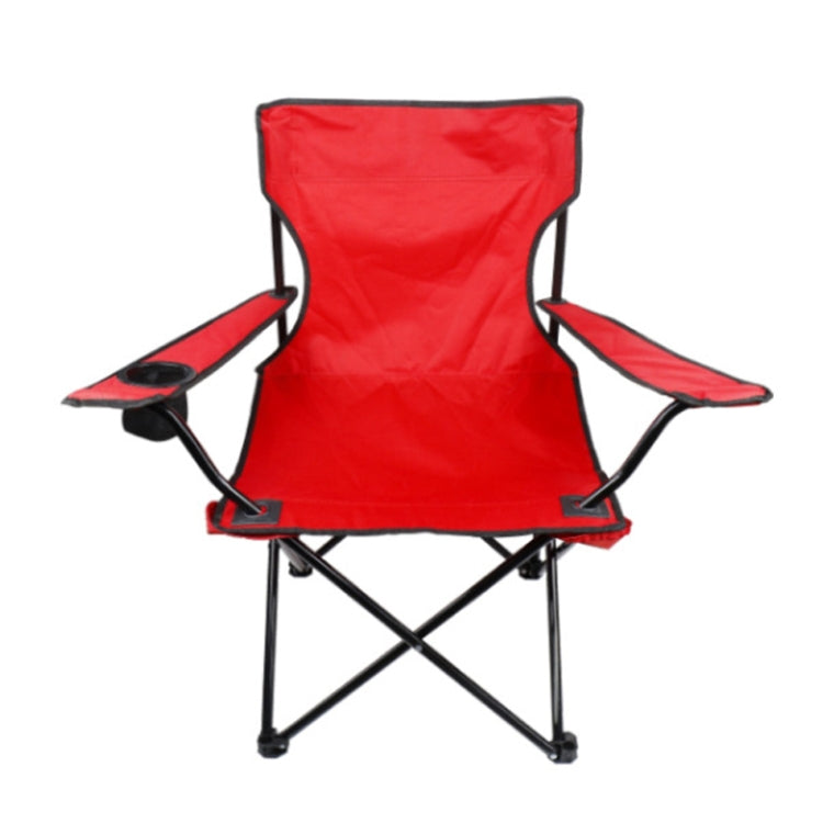 Red portable folding beach chair with wide backrest and side handrest platforms