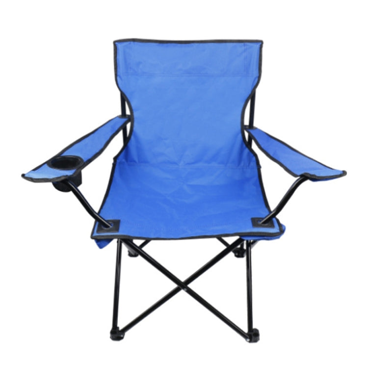 Blue portable folding beach chair with wide backrest and side handrest platforms