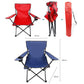 Portable folding beach chair in red and blue with carry bag and side handrests