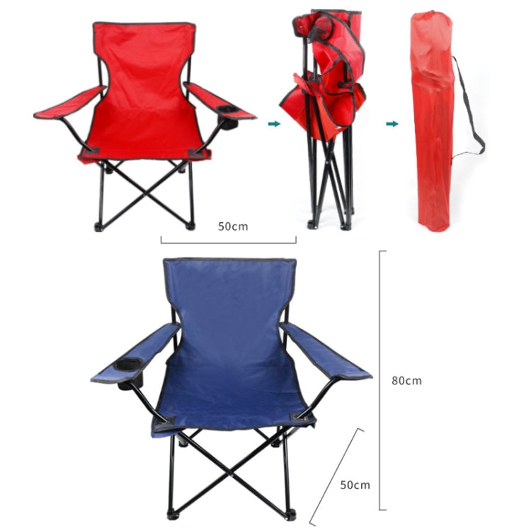 Portable folding beach chair in red and blue with carry bag and side handrests
