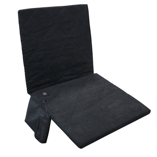 Black heated camping chair cushion with backrest and folding seat panel
