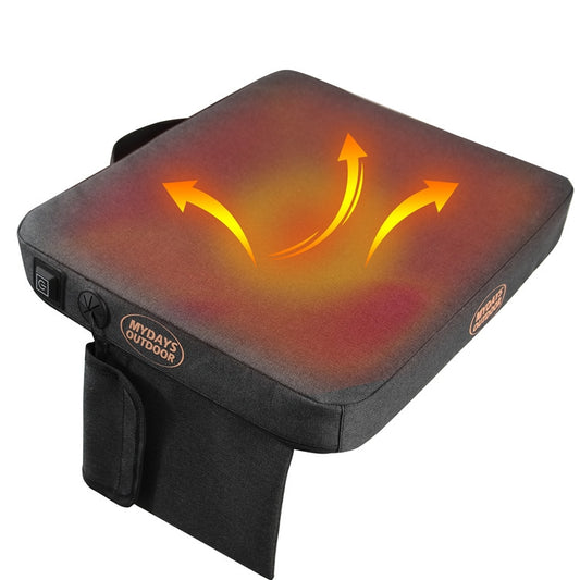 Gray portable USB heated camping stool with glowing heat pattern on top