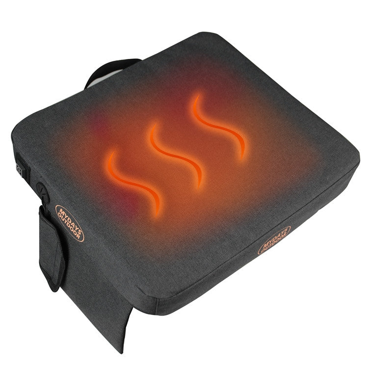 Gray heated camping stool mat with glowing U-shaped heat lines on top
