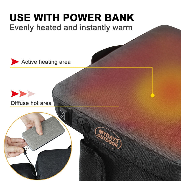 Gray heated camping stool with top heat zone and side USB power connection