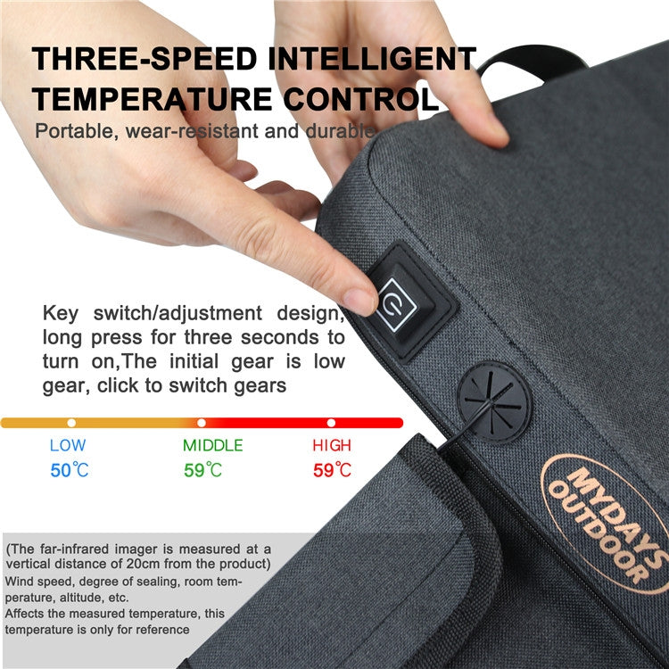 Gray heated camping stool with three-speed temperature control and hand switch