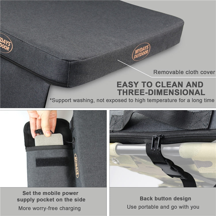 Gray heated camping stool with removable cloth cover and power bank storage pocket
