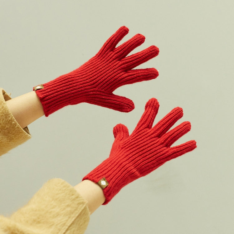 Wool knit winter gloves in red, ribbed cuffs with full five-finger design