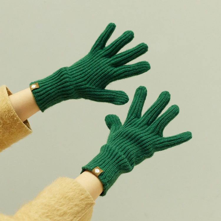 Wool knit winter gloves in green, ribbed cuffs with full five-finger design